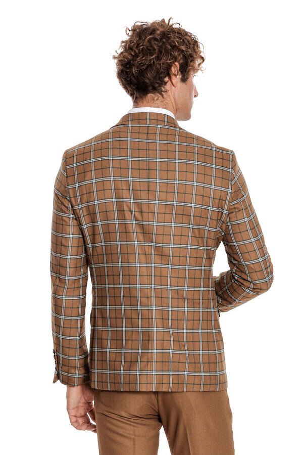 Brown Vested Slim Fit Checked Tan Men Suit