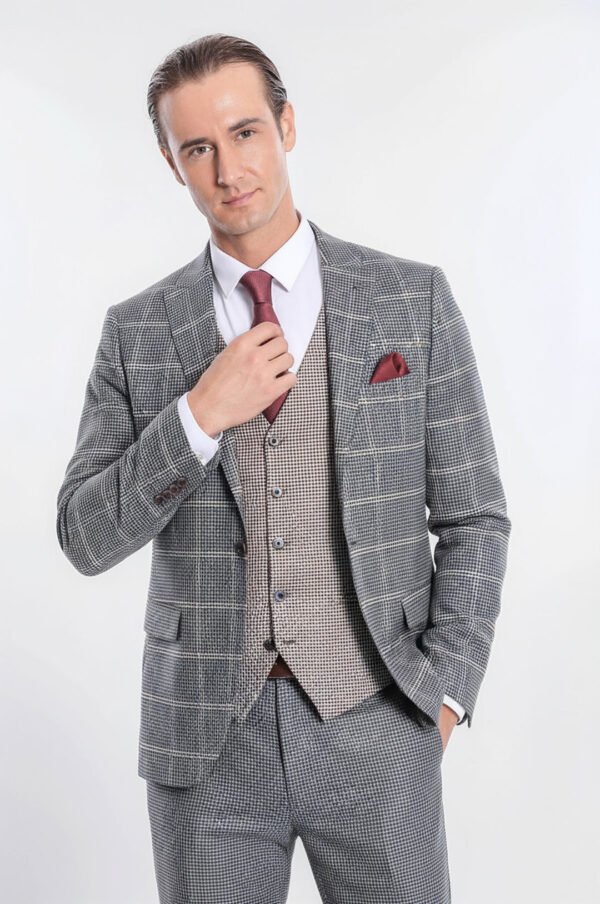 Checked Patterned Beige Vested Slim Fit Grey Men Suit