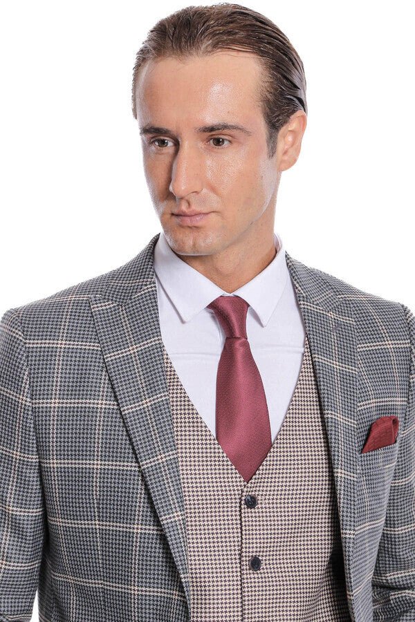Checked Patterned Beige Vested Slim Fit Grey Men Suit