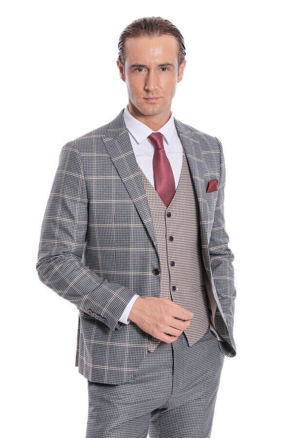 Checked Patterned Beige Vested Slim Fit Grey Men Suit