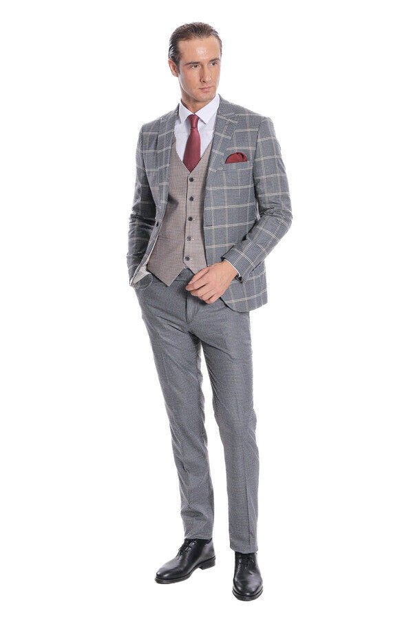 Checked Patterned Beige Vested Slim Fit Grey Men Suit