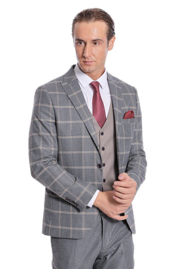 Checked Patterned Beige Vested Slim Fit Grey Men Suit