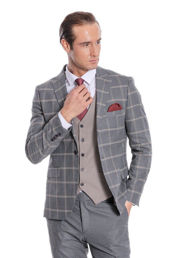 Checked Patterned Beige Vested Slim Fit Grey Men Suit
