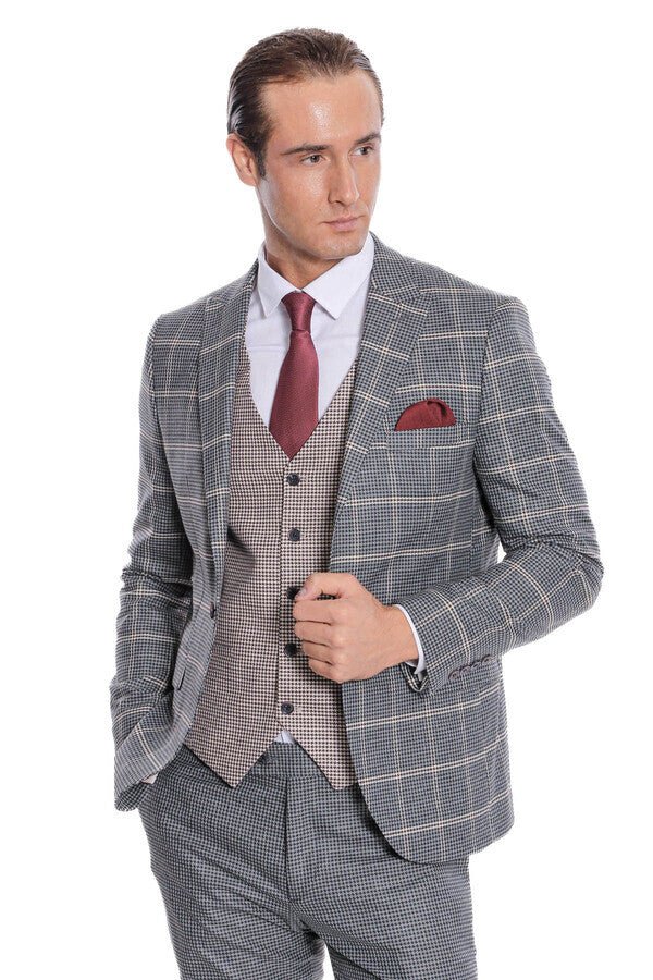 Checked Patterned Beige Vested Slim Fit Grey Men Suit
