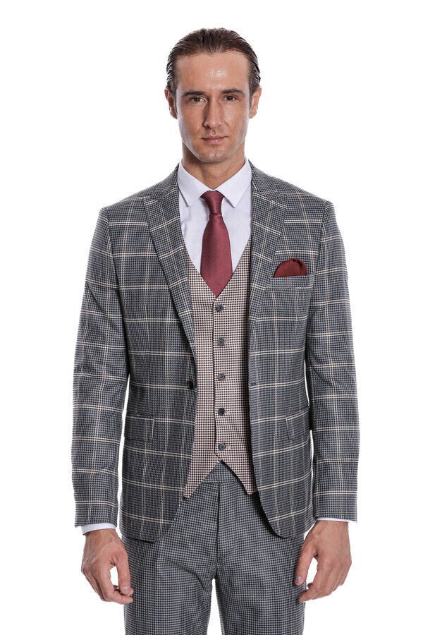 Checked Patterned Beige Vested Slim Fit Grey Men Suit