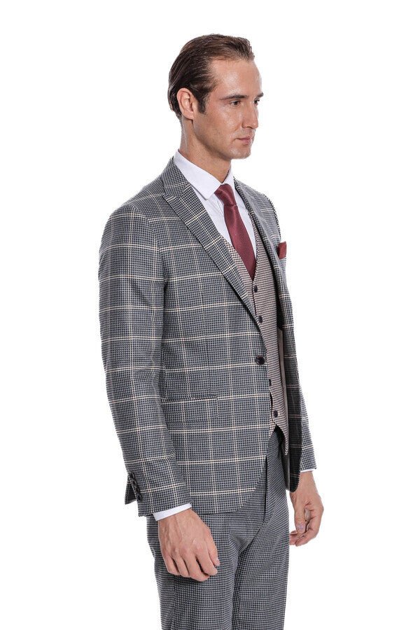 Checked Patterned Beige Vested Slim Fit Grey Men Suit