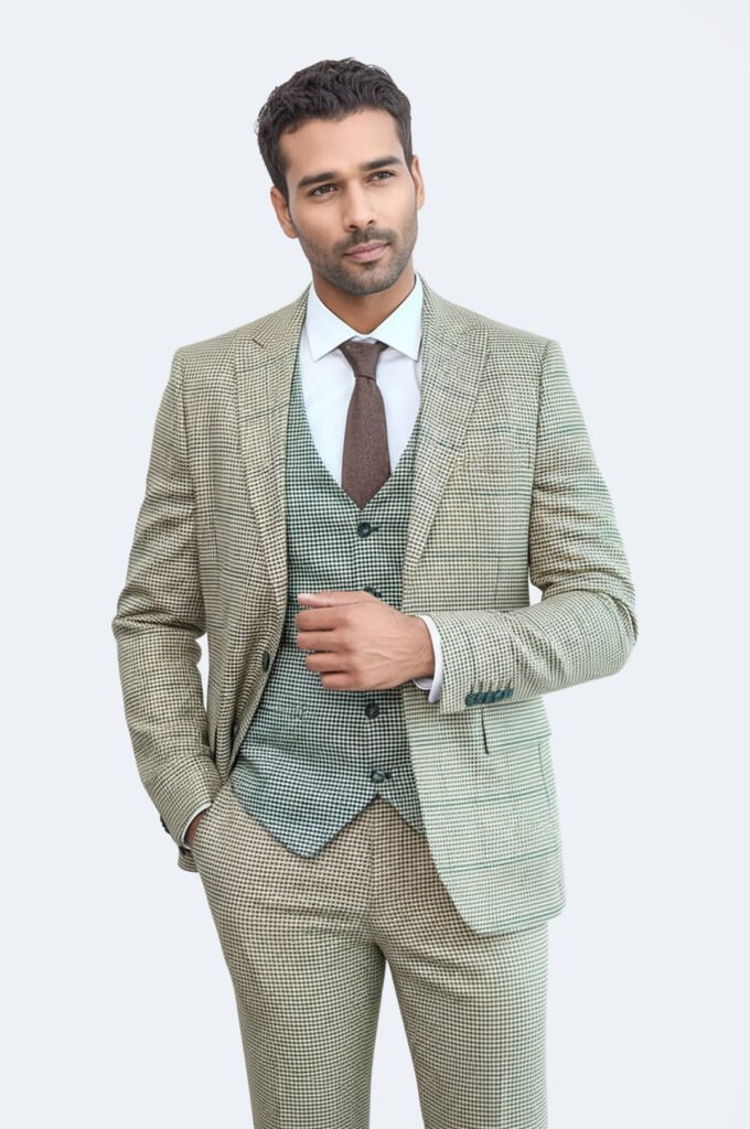 Checked Patterned Slim Fit Beige Men Suit