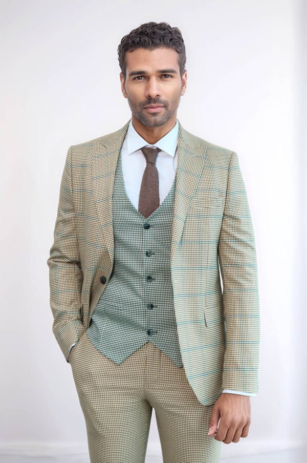 Checked Patterned Slim Fit Beige Men Suit