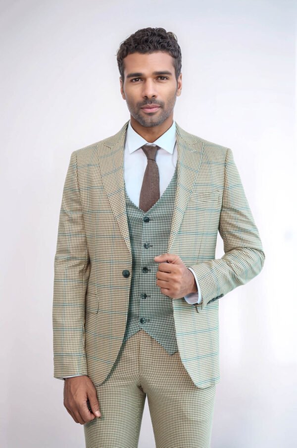 Checked Patterned Slim Fit Beige Men Suit