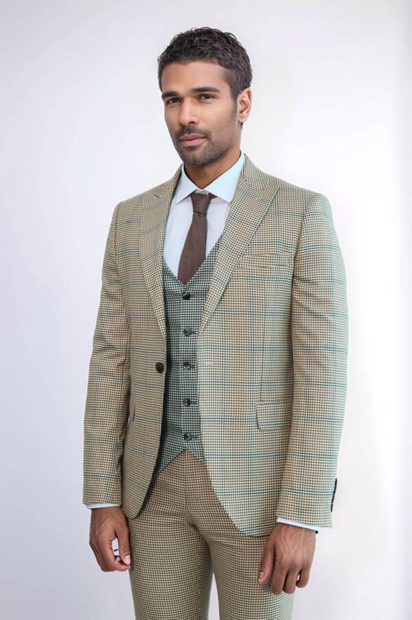Checked Patterned Slim Fit Beige Men Suit