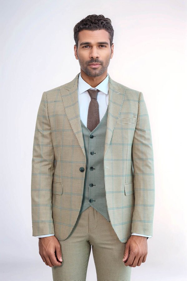 Checked Patterned Slim Fit Beige Men Suit