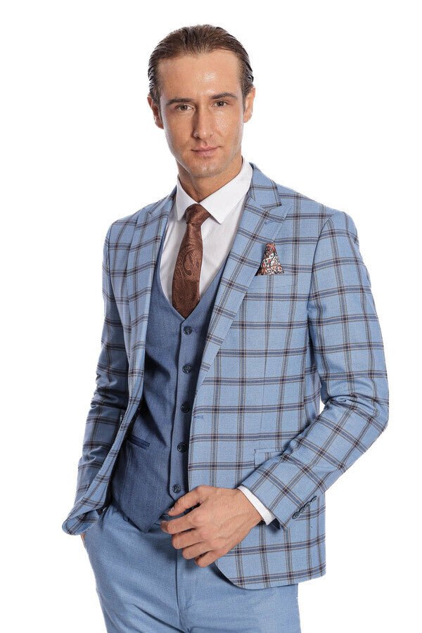 Checked Patterned Slim Fit Blue Men Suit