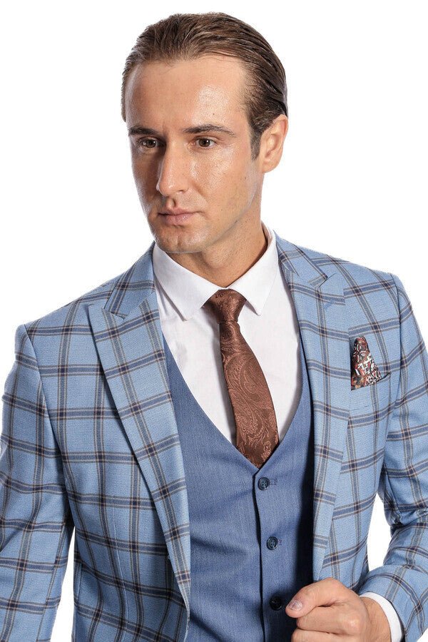 Checked Patterned Slim Fit Blue Men Suit