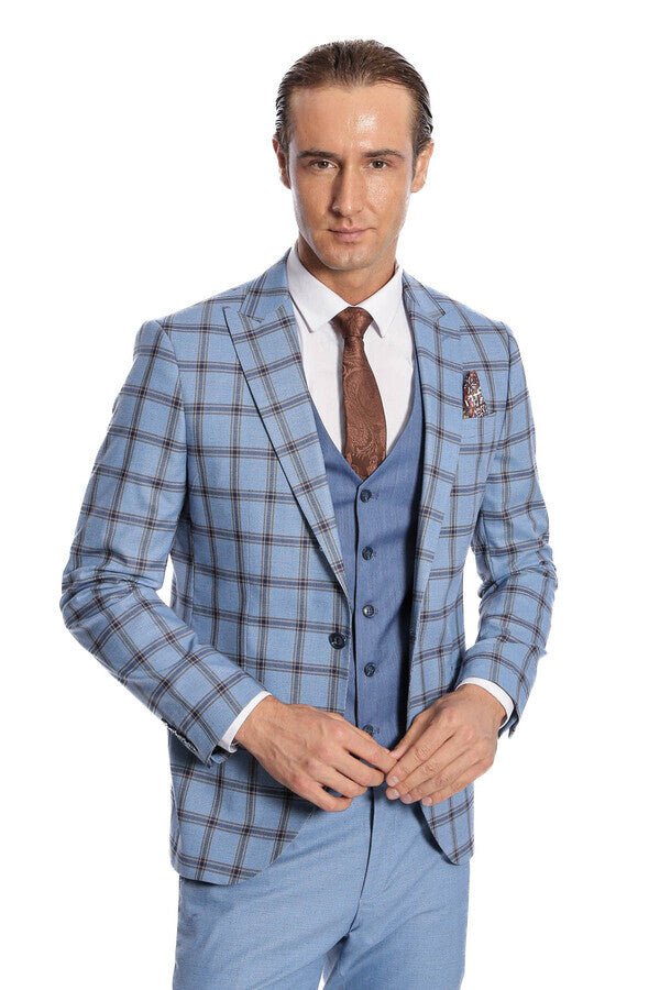 Checked Patterned Slim Fit Blue Men Suit