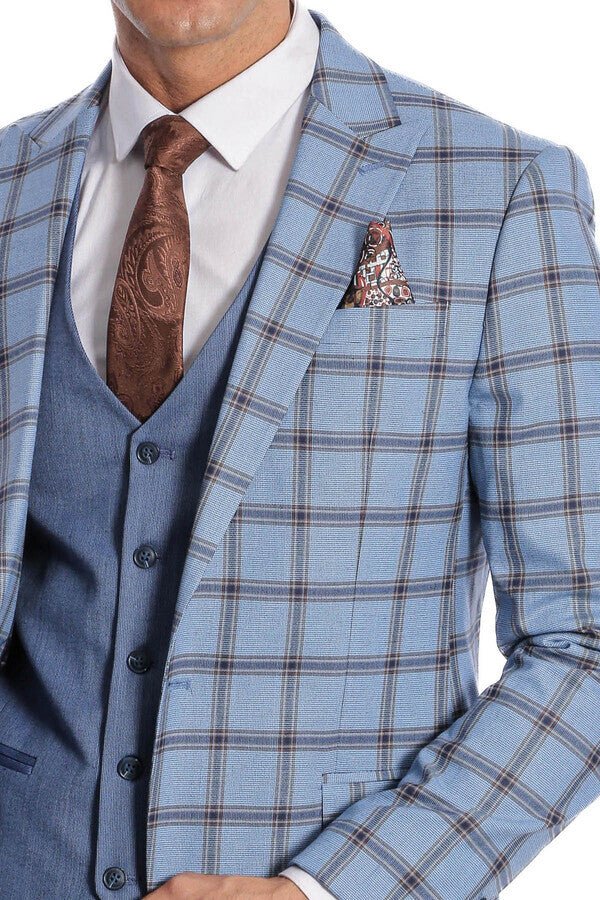Checked Patterned Slim Fit Blue Men Suit
