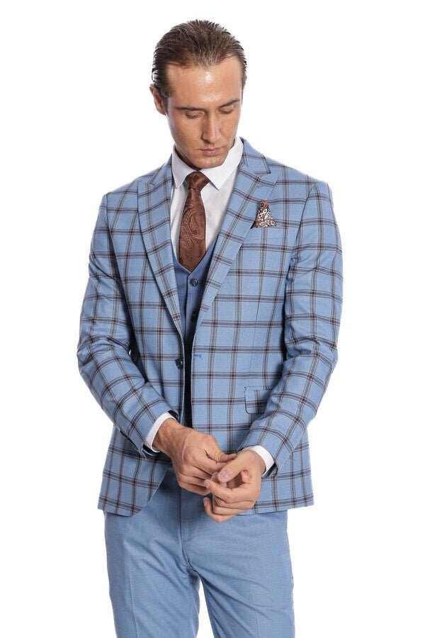 Checked Patterned Slim Fit Blue Men Suit