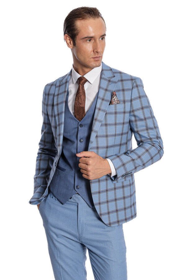 Checked Patterned Slim Fit Blue Men Suit