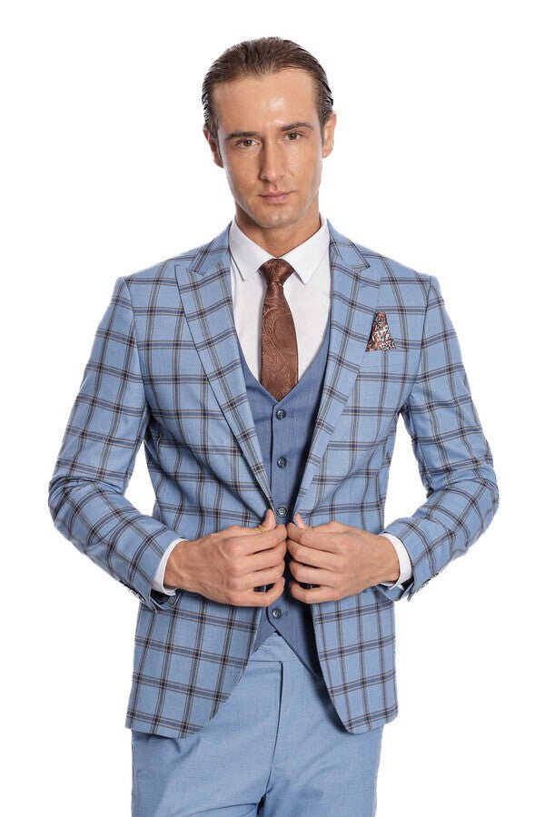 Checked Patterned Slim Fit Blue Men Suit
