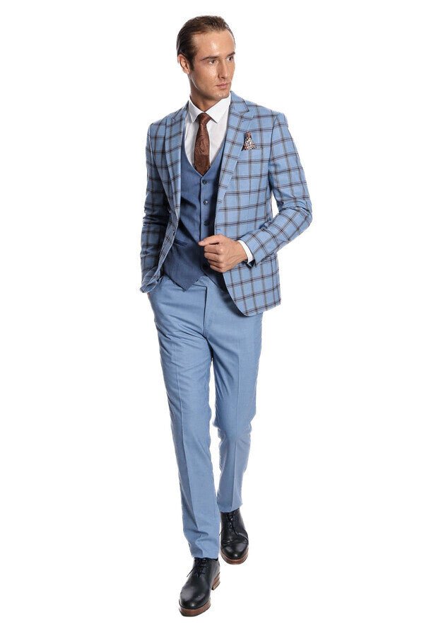 Checked Patterned Slim Fit Blue Men Suit