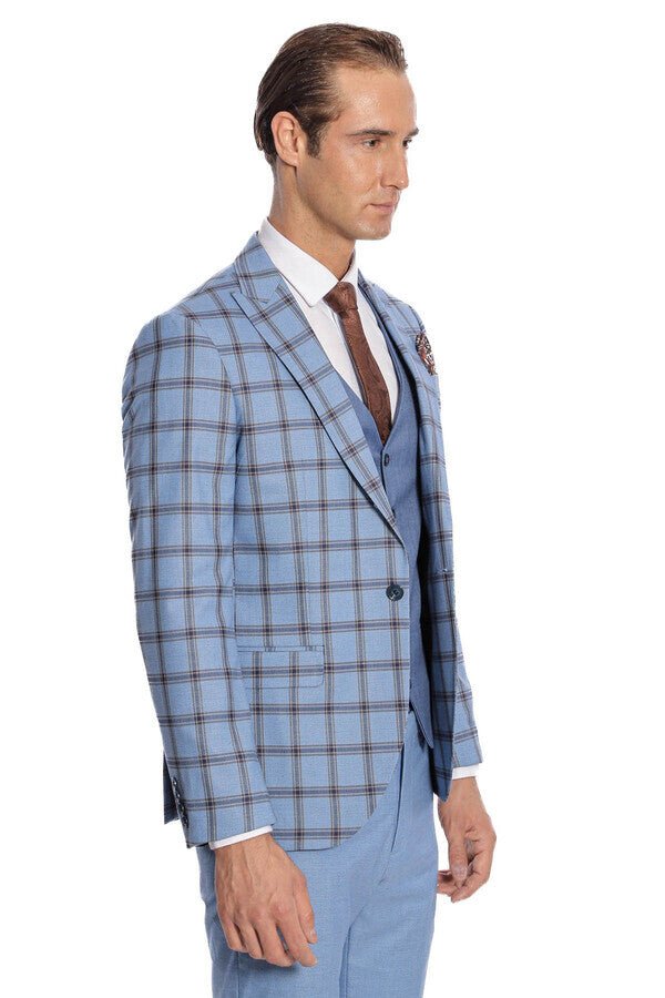 Checked Patterned Slim Fit Blue Men Suit