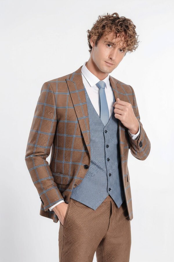 Checked Patterned Slim Fit Brown Men Suit