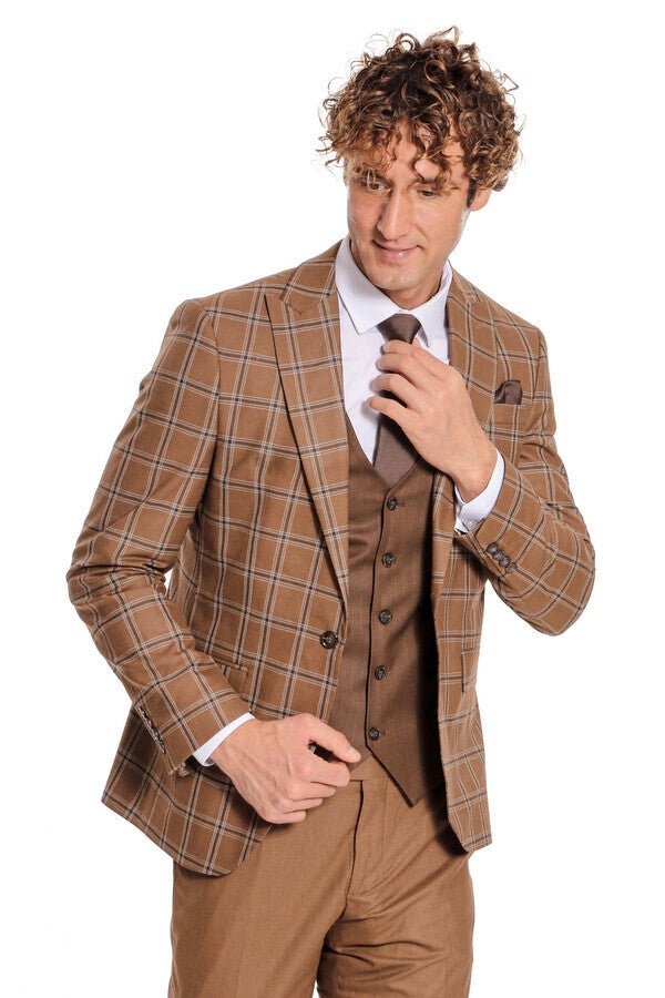 Checked Patterned Slim Fit Brown Men Suit
