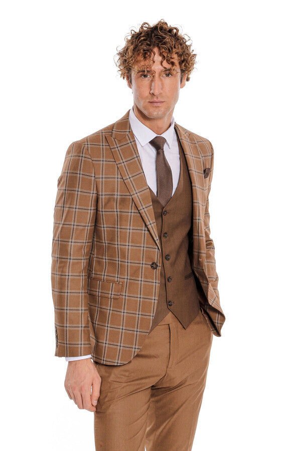 Checked Patterned Slim Fit Brown Men Suit