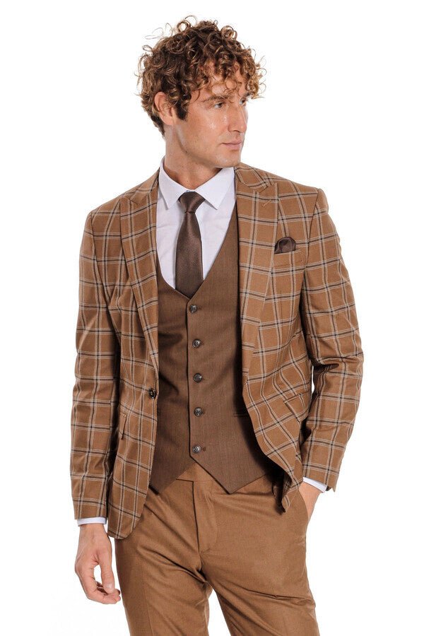 Checked Patterned Slim Fit Brown Men Suit