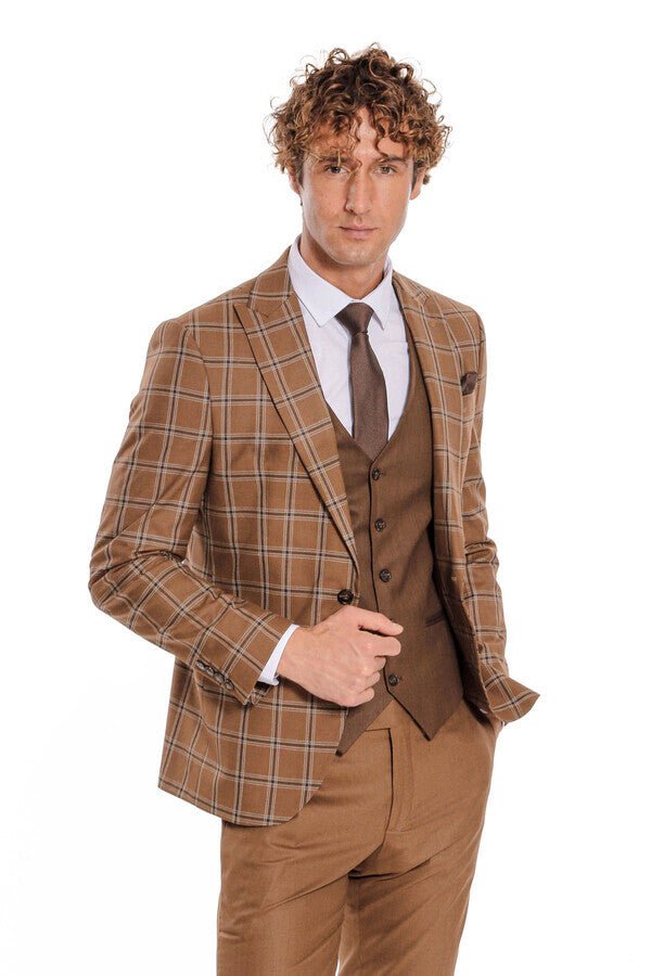 Checked Patterned Slim Fit Brown Men Suit