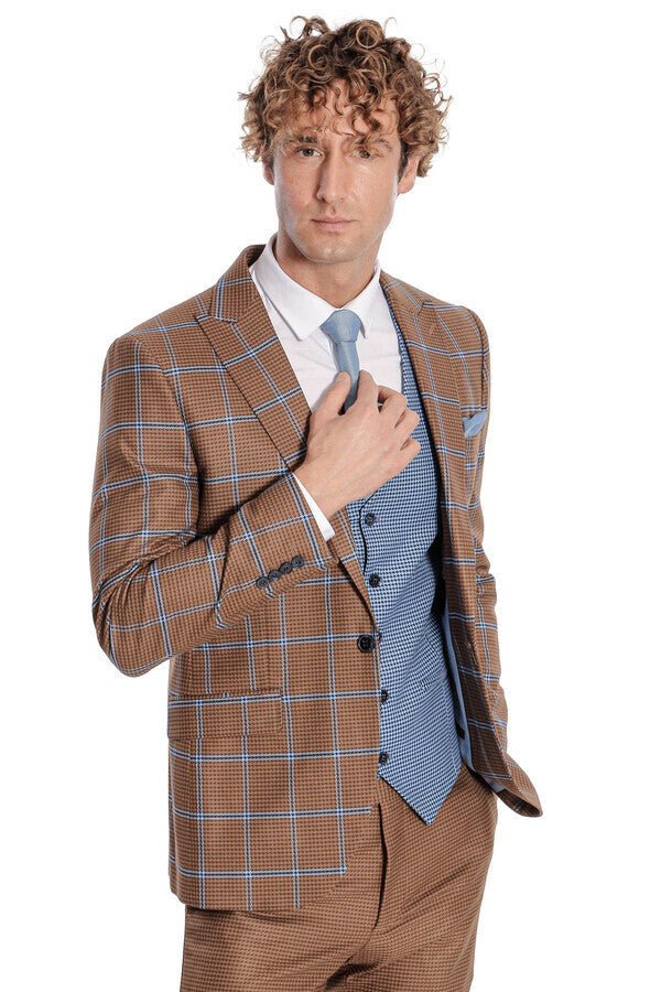 Checked Patterned Slim Fit Brown Men Suit