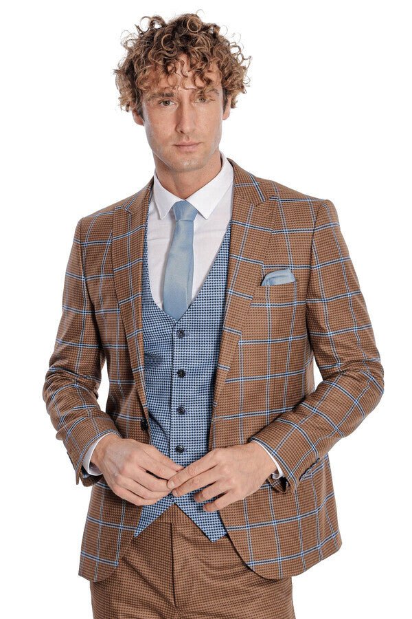 Checked Patterned Slim Fit Brown Men Suit