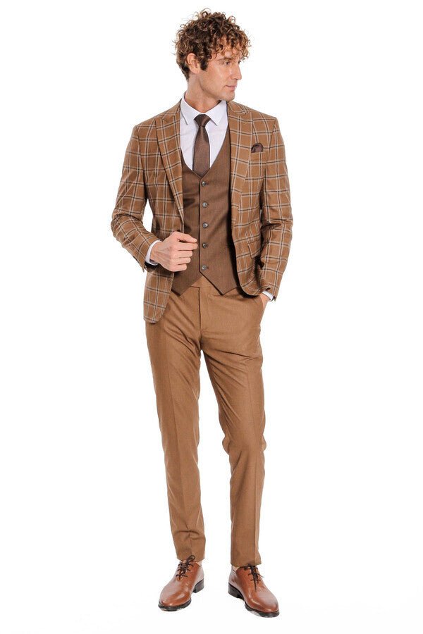 Checked Patterned Slim Fit Brown Men Suit