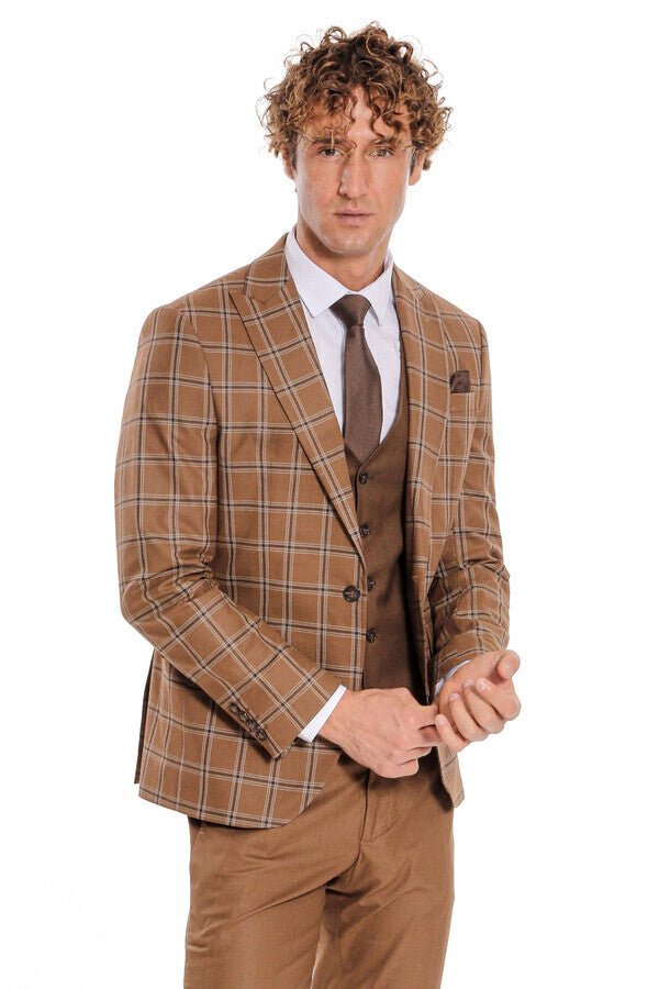Checked Patterned Slim Fit Brown Men Suit