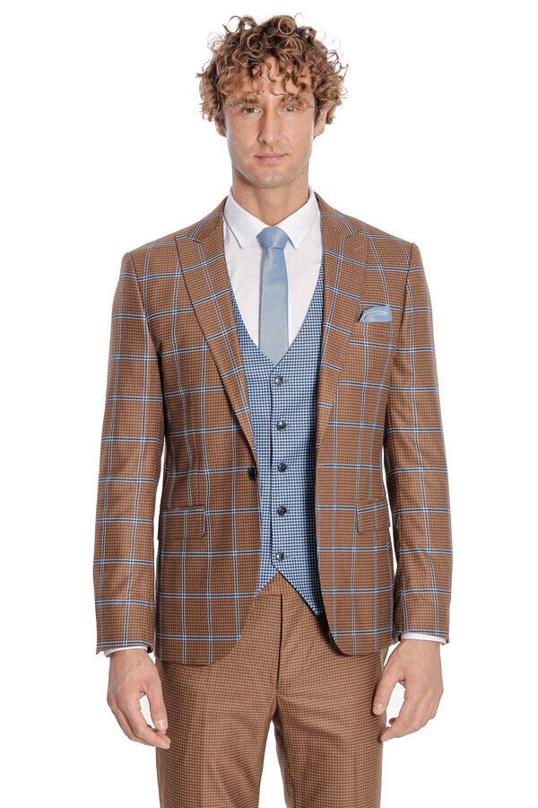 Checked Patterned Slim Fit Brown Men Suit