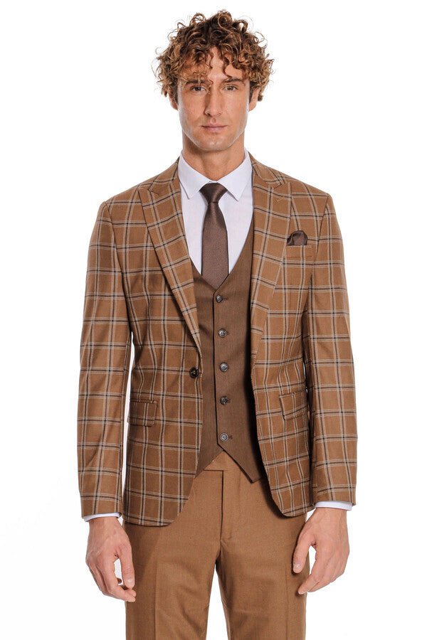 Checked Patterned Slim Fit Brown Men Suit