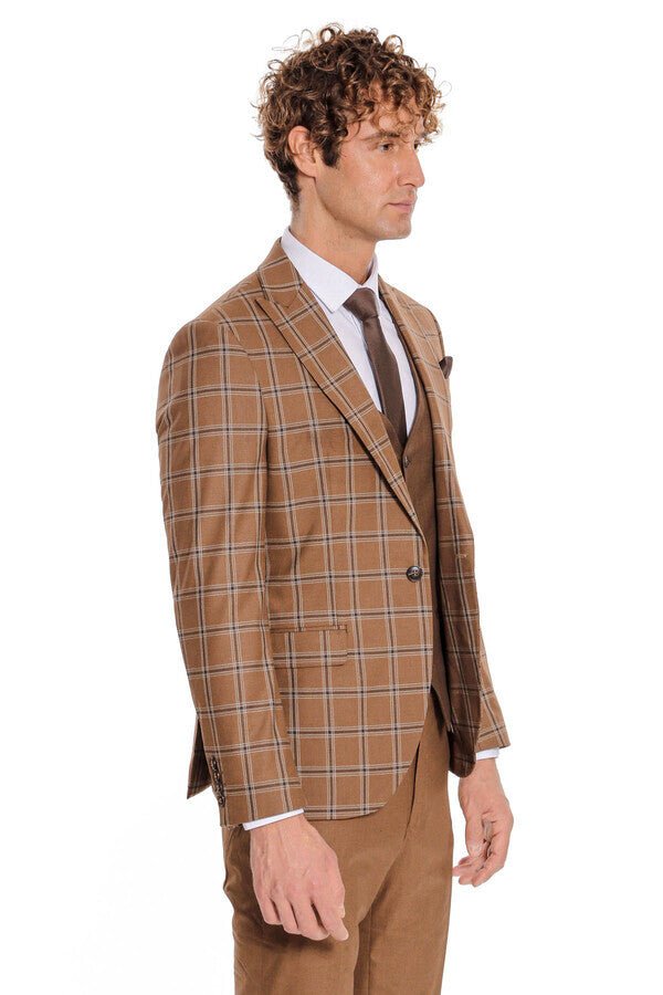 Checked Patterned Slim Fit Brown Men Suit