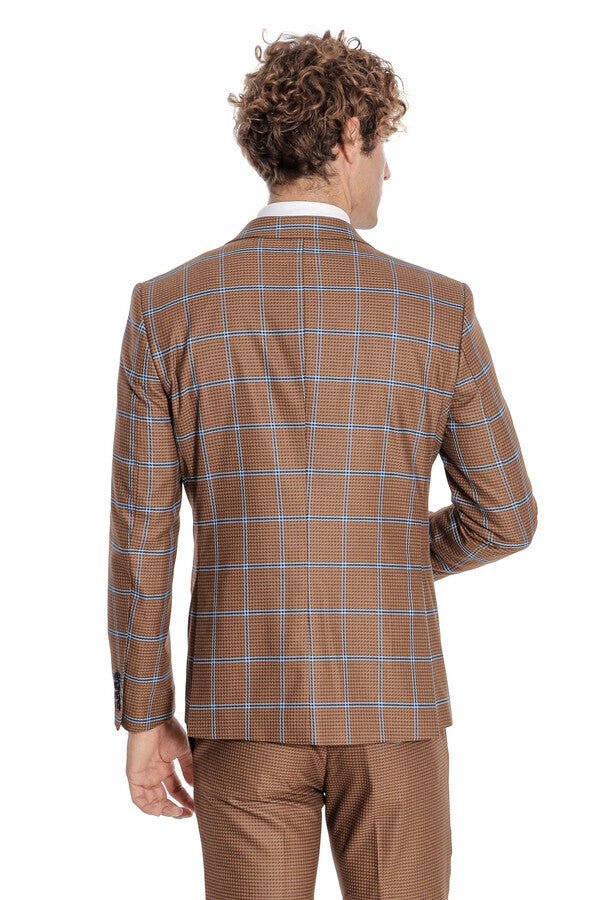 Checked Patterned Slim Fit Brown Men Suit