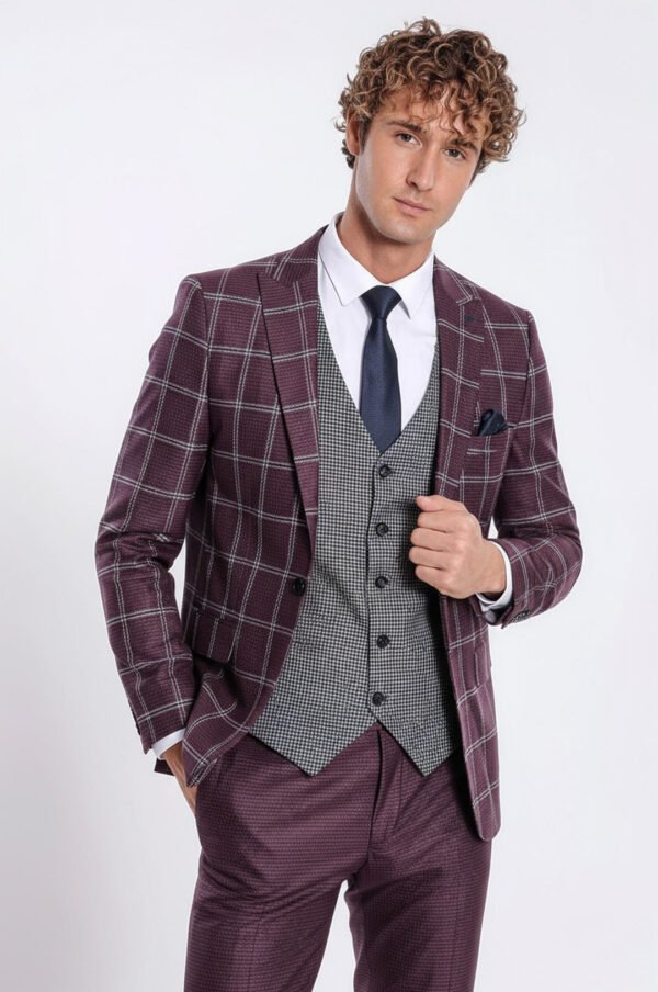 Checked Patterned Slim Fit Burgundy Men Suit