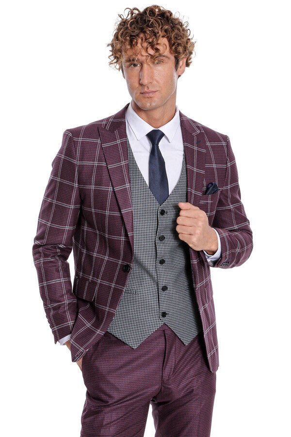 Checked Patterned Slim Fit Burgundy Men Suit