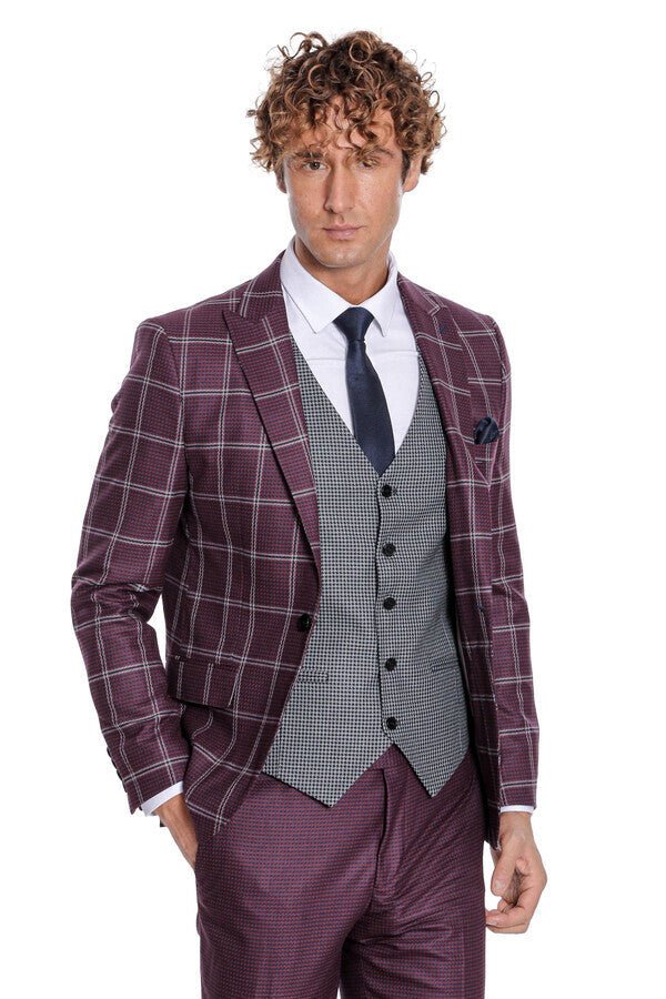 Checked Patterned Slim Fit Burgundy Men Suit
