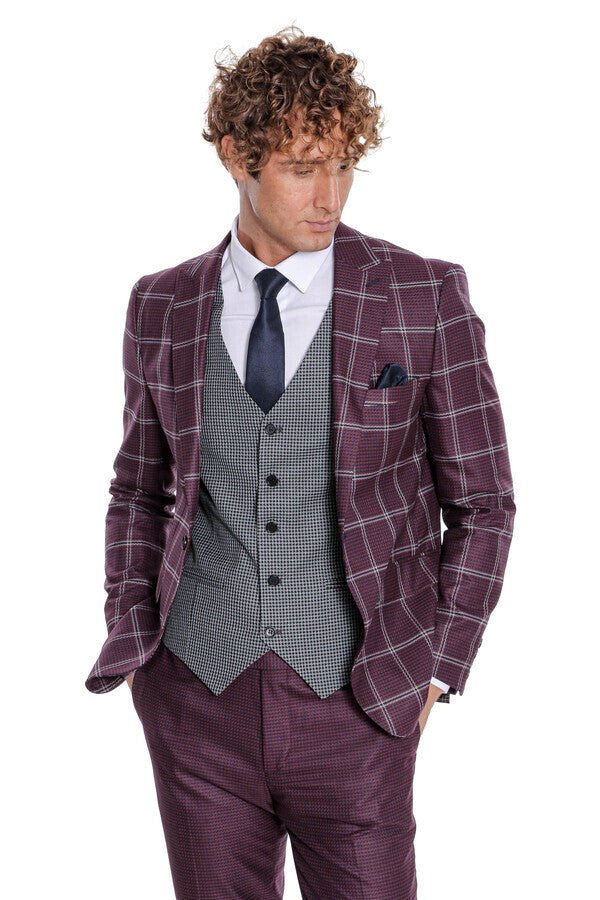 Checked Patterned Slim Fit Burgundy Men Suit