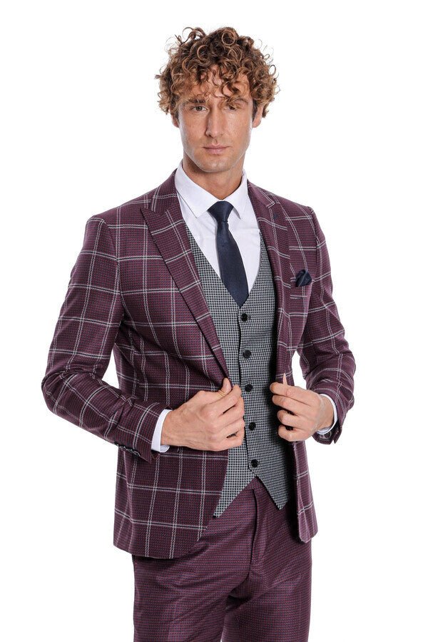 Checked Patterned Slim Fit Burgundy Men Suit