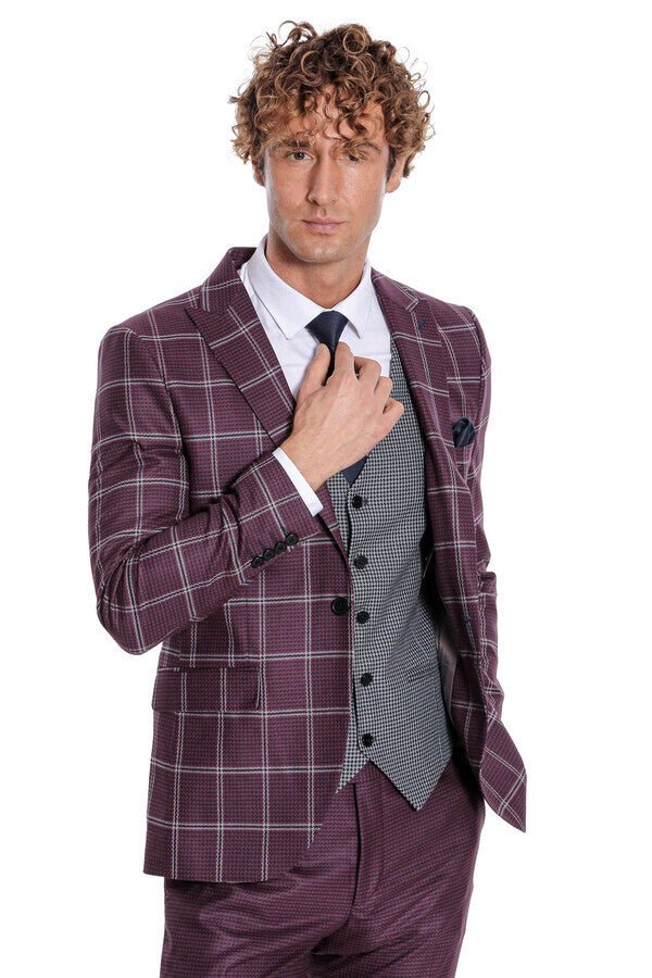 Checked Patterned Slim Fit Burgundy Men Suit