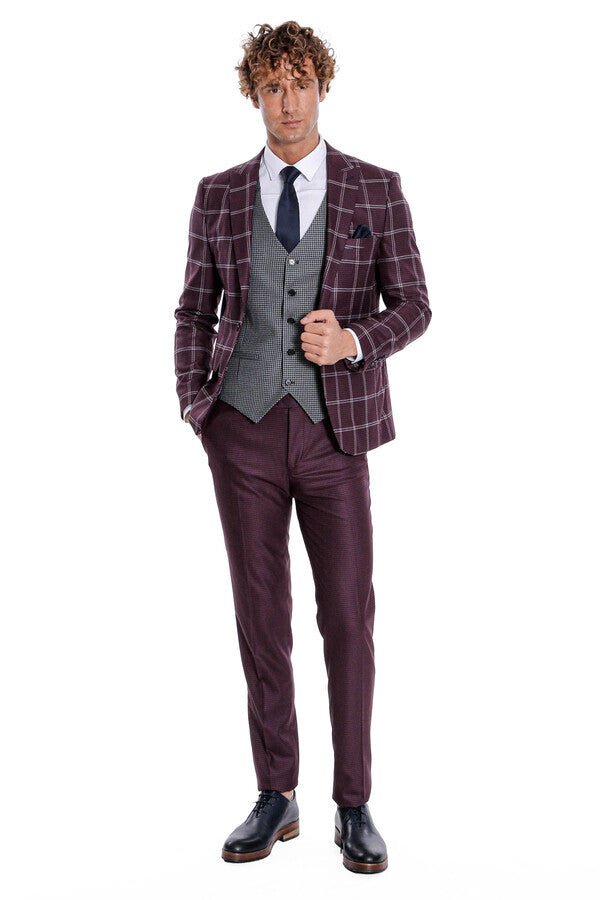 Checked Patterned Slim Fit Burgundy Men Suit