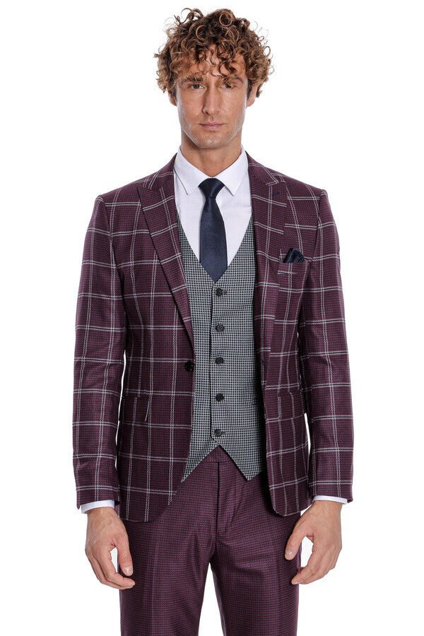 Checked Patterned Slim Fit Burgundy Men Suit