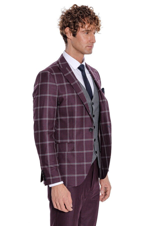 Checked Patterned Slim Fit Burgundy Men Suit