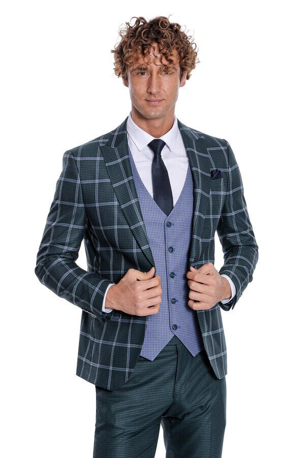 Checked Patterned Slim Fit Green Men Suit