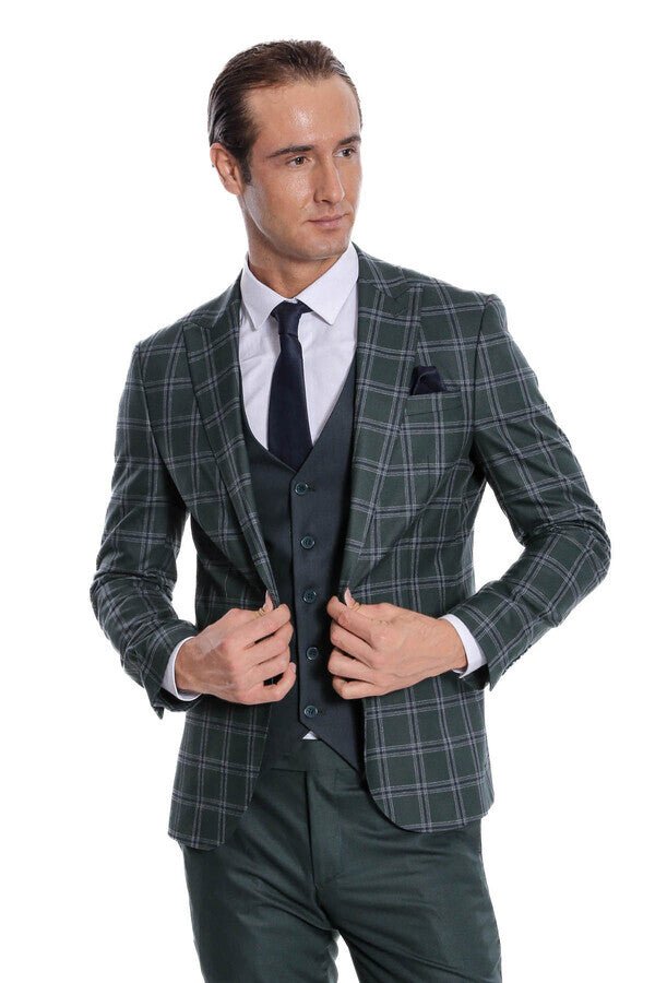 Checked Patterned Slim Fit Green Men Suit