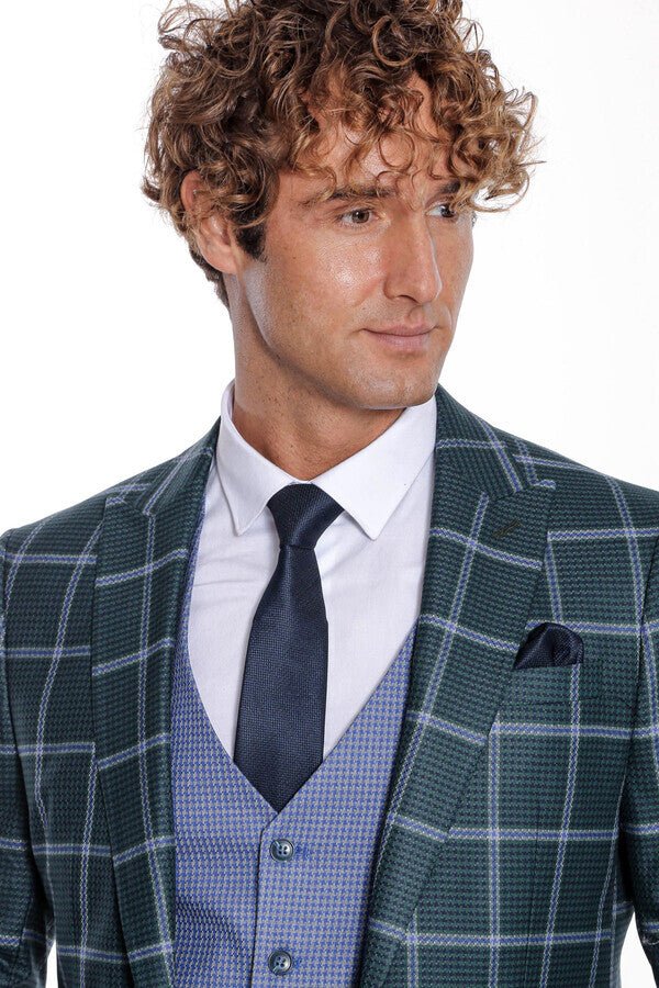 Checked Patterned Slim Fit Green Men Suit