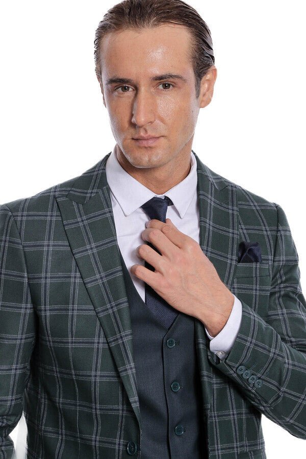 Checked Patterned Slim Fit Green Men Suit